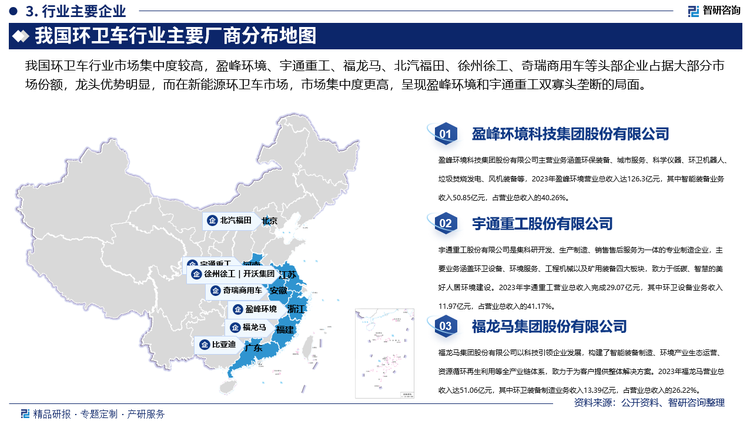 我国环卫车行业市场集中度较高，盈峰环境、宇通重工、福龙马、北汽福田、徐州徐工、奇瑞商用车等头部企业占据大部分市场份额，龙头优势明显，而在新能源环卫车市场，市场集中度更高，呈现盈峰环境和宇通重工双寡头垄断的局面。