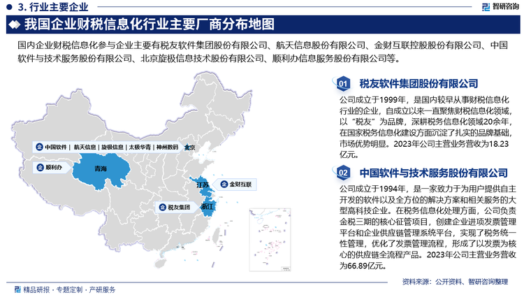 目前，国内企业财税信息化行业市场格局较为集中，随着国家对财税信息化进程的大力推进，越来越多的税务机关及纳税企业注重自身信息化建设，对财税信息化解决方案提供商的需求也随之增加。在这个大环境下，企业财税信息化行业内大量企业将加大财税信息化业务投入，以扩大市场占有率。在税务机关服务方面，随着我国财税信息化建设思路日趋成熟，各主要业务模块信息系统搭建已基本完成。因此，在该领域深耕多年的先行者已凭借对我国税务系统的深刻理解和丰富经验取得了较为稳固的竞争地位，有较强的竞争优势；对于新进入者或者规模较小、技术实力较弱、以开发单个独立信息系统为主的企业，则难以获得较好的机会；在企业税务服务方面，税务服务市场是一个对专业水平要求较高的市场，涉及税务服务及互联网信息技术等许多专业细分领域。目前，行业的竞争主要从单业务领域、单服务形态升级成集多个业务融合的综合服务。具体来看，国内从企业财税信息化业务的主要企业为税友集团、航天信息、金财互联、中国软件等。