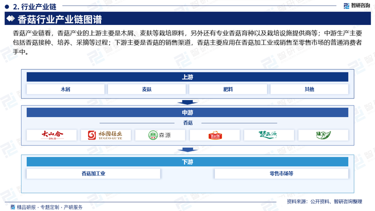 香菇产业链看，香菇产业的上游主要是木屑、麦麸等栽培原料，另外还有专业香菇育种以及栽培设施提供商等；中游生产主要包括香菇接种、培养、采摘等过程；下游主要是香菇的销售渠道，香菇主要应用在香菇加工业或销售至零售市场的普通消费者手中。