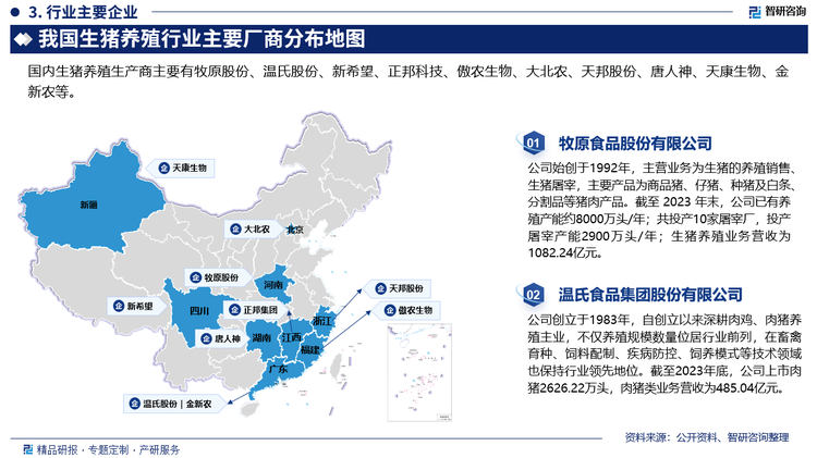 目前，我国生猪养殖行业的竞争格局按总市值可以分为三个梯队，第一梯队为总市值大于1000亿元的企业，代表企业有牧原股份、温氏股份，其总值在行业中摇摇领先；第二梯队为总市值位于300-1000亿元之间的企业，代表企业有新希望、大北农灯；第三梯队为总市值小于300亿元的企业，代表企业有正邦科技、傲农生物、巨星农牧、唐人神等。