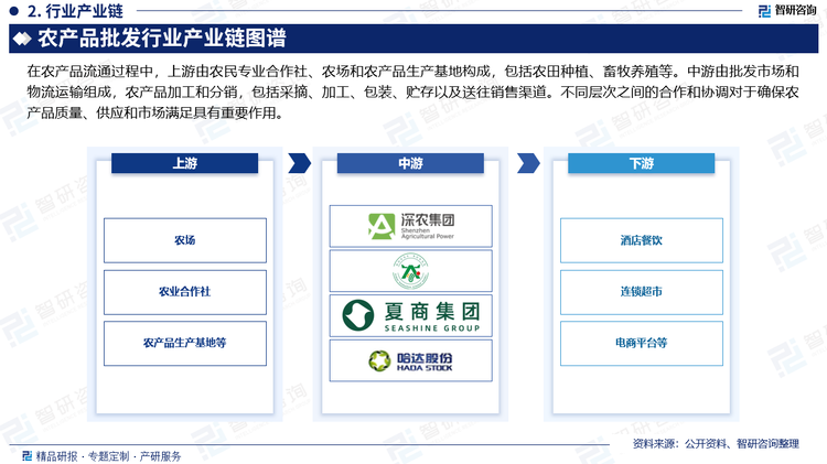 在农产品流通过程中，农户和农业合作社生产农产品，商贩收购后卖给批发商，批发商通过经销商和物流企业进行运输，仓储服务企业和物流企业负责农产品储存和运输，销售渠道包括餐饮店、超市、农贸市场和线上平台，传统销售与线上渠道相结合，不断拓宽农产品流通网络。农产品市场上中下游层次之间相互关联，构成了农产品供应链。上游由农民专业合作社、农场和农产品生产基地构成，包括农田种植、畜牧养殖等。中游由批发市场和物流运输组成，农产品加工和分销，包括采摘、加工、包装、贮存以及送往销售渠道。不同层次之间的合作和协调对于确保农产品质量、供应和市场满足具有重要作用。