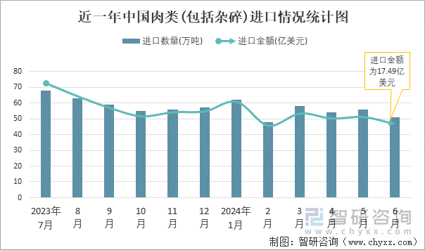 近一年中国肉类(包括杂碎)进口情况统计图