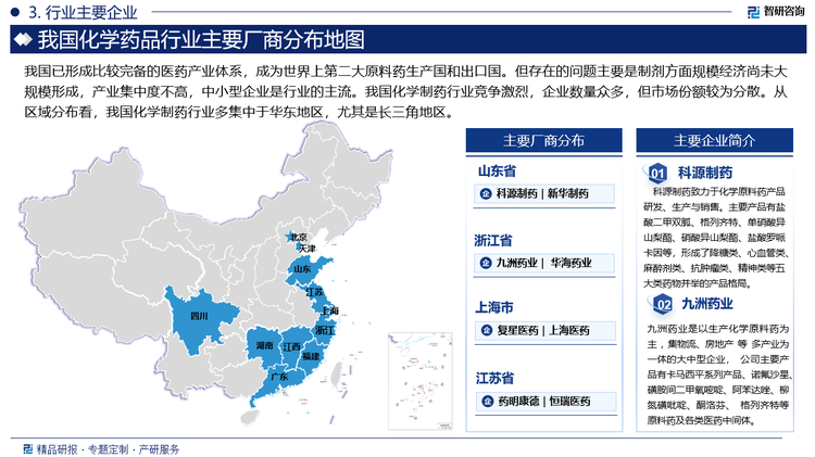 我国化学制药行业竞争激烈，企业数量众多，但市场份额较为分散。从区域分布看，我国化学制药行业多集中于华东地区，尤其是长三角地区。