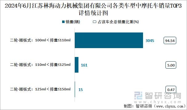 2024年6月江苏林海动力机械集团有限公司各类车型中摩托车销量TOP3详情统计图