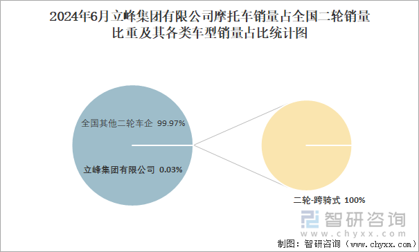 2024年6月立峰集团有限公司摩托车销量占全国二轮销量比重及其各类车型销量占比统计图