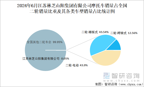 2024年6月江苏林芝山阳集团有限公司摩托车销量占全国二轮销量比重及其各类车型销量占比统计图