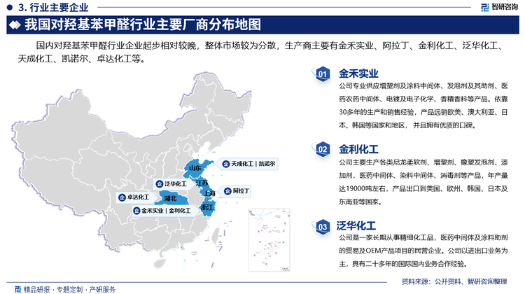 其中金禾实业专业供应增塑剂及涂料中间体、发泡剂及其助剂、医药农药中间体、电镀及电子化学、香精香料等产品。依靠30多年的生产和销售经验，产品远销欧美、澳大利亚、日本、韩国等国家和地区， 并且拥有优质的口碑。金利化工主要生产各类尼龙柔软剂、增塑剂、橡塑发泡剂、添加剂，医药中间体、染料中间体、消毒剂等产品，年产量达19000吨左右，产品出口到美国、欧州、韩国、日本及东南亚等国家。泛华化工是一家长期从事精细化工品，医药中间体及涂料助剂的贸易及OEM产品项目的民营企业。公司以进出口业务为主，具有二十多年的国际国内业务合作经验。