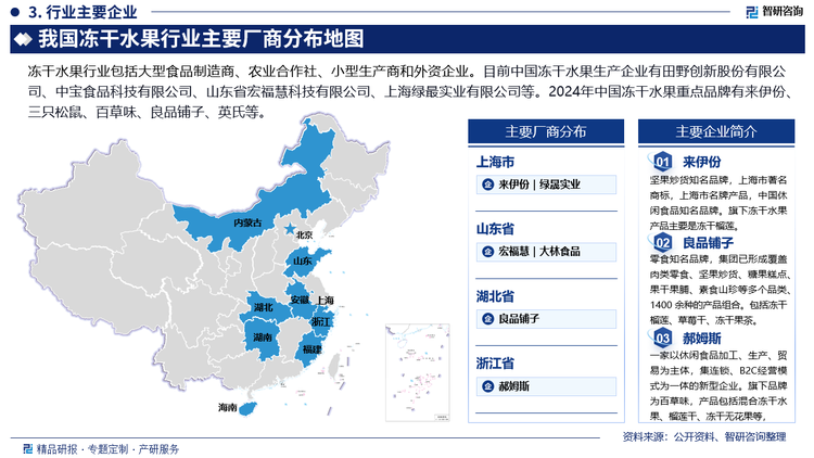 目前中国冻干水果生产企业有田野创新股份有限公司、中宝食品科技有限公司、山东省宏福慧科技有限公司、上海绿最实业有限公司等。2024年中国冻干水果重点品牌有来伊份、三只松鼠、百草味、良品铺子、英氏等。