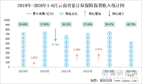 2019年-2024年1-6月云南省累计原保险保费收入统计图