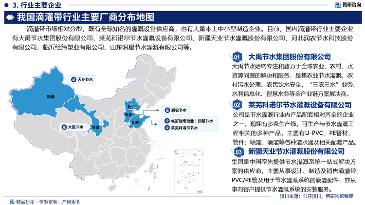 滴灌带市场相对分散，既有全球知名的灌溉设备供应商，也有大量本土中小型制造企业。目前，国内滴灌带行业主要企业有大禹节水集团股份有限公司、山莱芜科诺尔节水灌溉设备有限公司、新疆天业节水灌溉股份有限公司、河北润农节水科技股份有限公司、临沂经纬塑业有限公司、山东润星节水灌溉有限公司等。