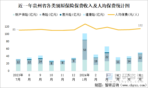 近一年贵州省各类别原保险保费收入及人均保费统计图