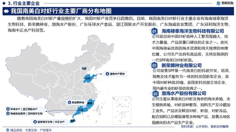 随着我国南美白对虾产量规模的扩大，我国对虾产业竞争日趋激烈。目前，我国南美白对虾行业主要企业有海南禄泰海洋生物科技有限公司、新荣腾种业有限公司、渤海水产股份有限公司、广东环球水产食品有限公司、湛江国联水产开发股份有限公司、广东海威农业集团有限公司、广东冠利海洋生物有限责任公司、海南中正水产科技有限公司等。