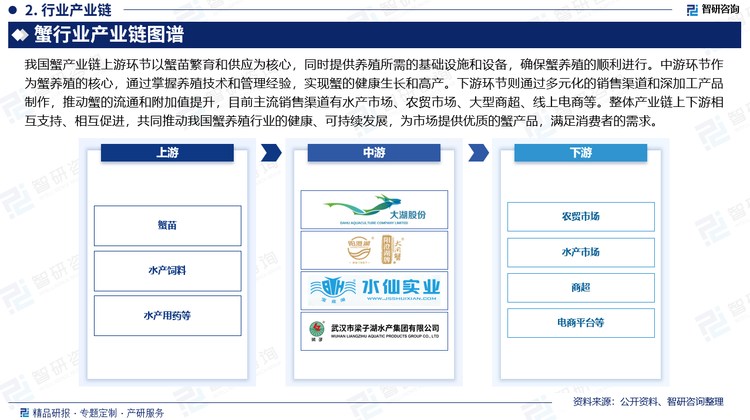 我国蟹产业链整体概况呈现为上下游紧密衔接、相互依存的发展态势。上游环节以蟹苗繁育和供应为核心，同时提供养殖所需的基础设施和设备，确保蟹养殖的顺利进行。中游环节作为蟹养殖的核心，通过掌握养殖技术和管理经验，实现蟹的健康生长和高产。下游环节则通过多元化的销售渠道和深加工产品制作，推动蟹的流通和附加值提升，目前主流销售渠道有水产市场、农贸市场、大型商超、线上电商等。整体产业链上下游相互支持、相互促进，共同推动我国蟹养殖行业的健康、可持续发展，为市场提供优质的蟹产品，满足消费者的需求。