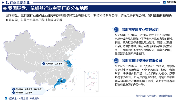 经过多年的发展，目前键盘及鼠标产品市场基本已形成品牌商和制造商二元驱动的发展格局。品牌商将多数产品以 ODM、OEM 等形式委托外部优质制造商推进研发、生产制造等工作，自身则将更多精力投入到品牌力和营销渠道建设，依靠多年的口碑积淀，不断拓宽市场。伴随着消费升级不断推进，消费者的品牌消费意愿与品牌接受度持续提升，键盘及鼠标市场的头部品牌商份额将逐步提高。为保证和提升品牌形象，头部品牌商对 ODM、OEM 等制造商在定制化服务能力、研发创新能力、产品质量稳定性等方面提出了较高的要求。只有满足上述要求且综合竞争实力较强的制造商方能进入知名品牌的供应链体系，品牌商与制造商强强联合的发展格局逐渐形成。目前，我国键盘鼠标行业重点企业主要有深圳市多彩实业有限公司、罗技科技有限公司、群光电子有限公司、深圳雷柏科技股份有限公司、东莞市铭冠电子科技有限公司等。