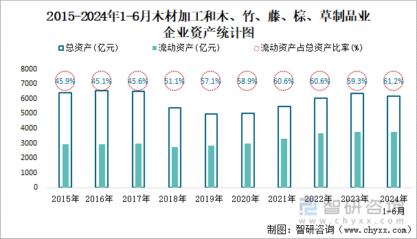 2015-2024年1-6月木材加工和木、竹、藤、棕、草制品业企业资产统计图