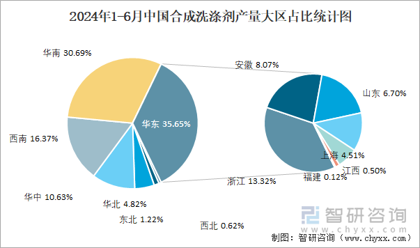 2024年1-6月中国合成洗涤剂产量大区占比统计图