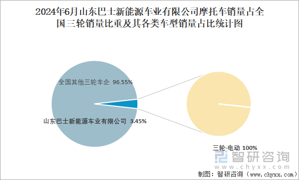 2024年6月山东巴士新能源车业有限公司摩托车销量占全国三轮销量比重及其各类车型销量占比统计图