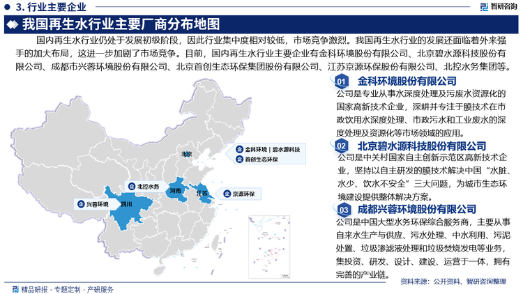 国内再生水行业仍处于发展初级阶段，‌因此行业集中度相对较低，市场竞争激烈。我国再生水行业的发展还面临着外来强手的加大布局，‌这进一步加剧了市场竞争。‌目前，国内再生水行业主要企业有金科环境股份有限公司、京碧水源科技股份有限公司、成都市兴蓉环境股份有限公司、北京首创股份有限公司、江苏京源环保股份有限公司、江苏京源环保股份有限公司、北控水务集团等。