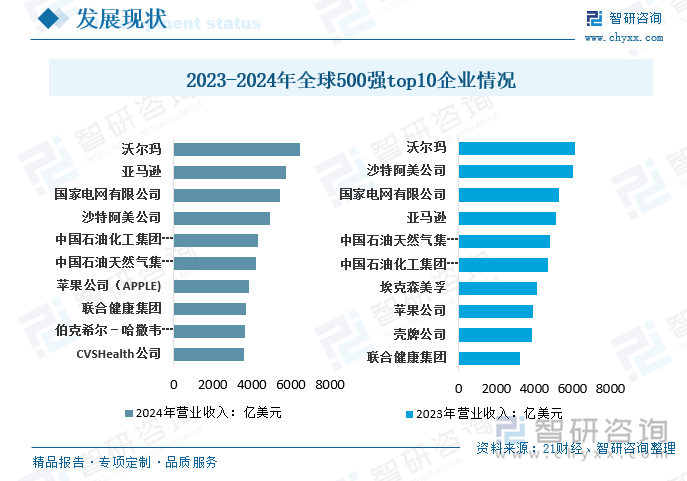 2023-2024年全球500强top10企业情况（营业收入：亿美元）