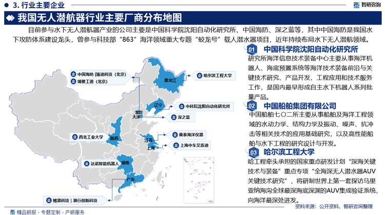 目前参与水下无人潜航器产业的公司主要是中国科学院沈阳自动化研究所、中国海防、深之蓝等，其中中国海防是我国水下攻防体系建设龙头，曾参与科技部“863”海洋领域重大专题“蛟龙号”载人潜水器项目，近年持续布局水下无人潜航领域。