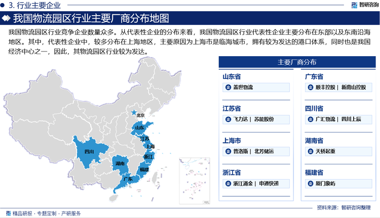 我国物流园区行业竞争企业数量众多。从代表性企业的分布来看，我国物流园区行业代表性企业主要分布在东部以及东南沿海地区。其中，代表性企业中，较多分布在上海地区，主要原因为上海市是临海城市，拥有较为发达的港口体系，同时也是我国经济中心之一，因此，其物流园区行业较为发达。