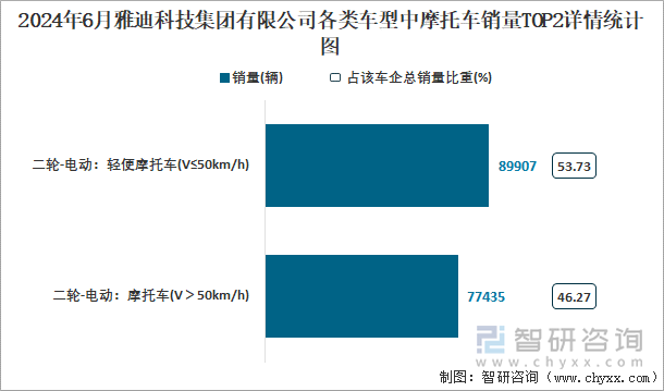 2024年6月雅迪科技集团有限公司各类车型中摩托车销量TOP2详情统计图