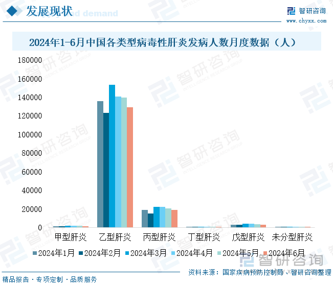 2024年1-6月中国各类型病毒性肝炎发病人数月度数据（人）