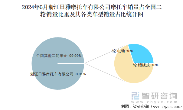 2024年6月浙江日雅摩托车有限公司摩托车销量占全国二轮销量比重及其各类车型销量占比统计图