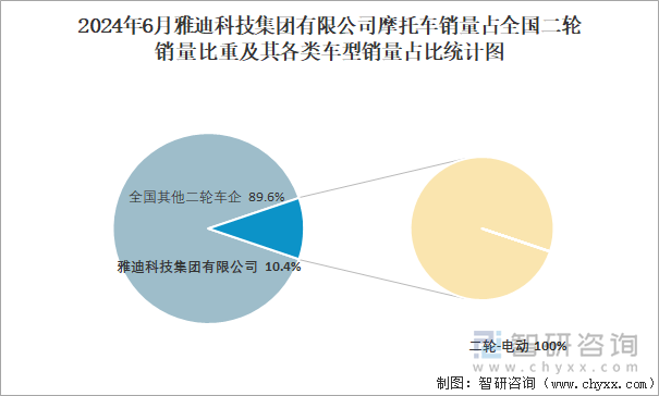 2024年6月雅迪科技集团有限公司摩托车销量占全国二轮销量比重及其各类车型销量占比统计图