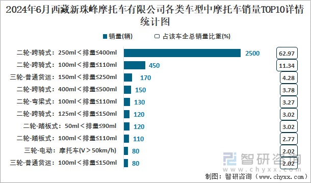 2024年6月西藏新珠峰摩托车有限公司各类车型中摩托车销量TOP10详情统计图