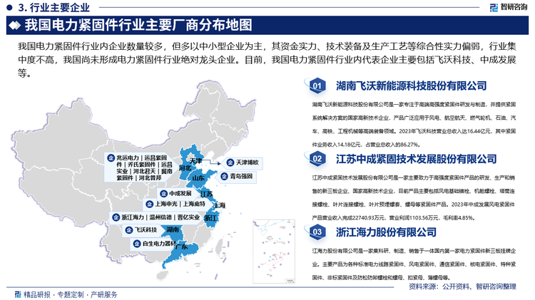 我国电力紧固件行业内企业数量较多，但多以中小型企业为主，其资金实力、技术装备及生产工艺等综合性实力偏弱，行业集中度不高，我国尚未形成电力紧固件行业绝对龙头企业。目前，我国电力紧固件行业内代表企业主要包括飞沃科技、中成发展等，其中，飞沃科技是一家专注于高端高强度紧固件研发与制造，并提供紧固系统解决方案的国家高新技术企业，产品广泛应用于风电、航空航天、燃气轮机、石油、汽车、高铁、工程机械等高端装备领域。2023年飞沃科技紧固件业务收入达14.18亿元，同比增长25.3%。