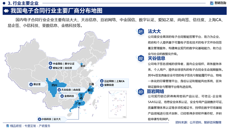 其中法大大是安全高效的电子合同智能签管平台，致力为企业、政府和个人提供基于可靠电子签名技术的电子文件协同签署及管理服务，构建商业契约的数字化基础能力，助力企业与社会的数智化升级。天谷信息电子签名领域的领导者，面向企业组织、政务服务体系、个人用户，提供全球领先的电子合同全生命周期服务。其中e签宝具备安全可信的电子签名与智能履约平台、物电一体化的印章管理平台、身份认证和智能风控系统、区块链证据保全与管理平台等先进应用。亘岩网络产品契约锁已获得商用密码产品认证、可信云-企业级SAAS认证、信息安全体系认证、安全专用产品销售许可证、质量管理体系认证等多项权威证书，持续在数字可信基础产品领域进行技术创新，已经取得多项软件著作权，并积极申请专利保护。