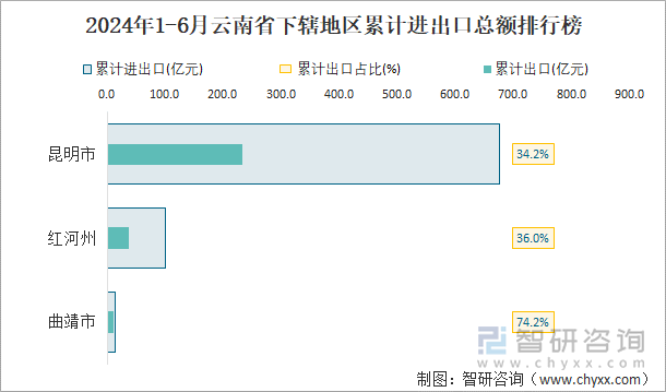 2024年1-6月云南省下辖地区累计进出口总额排行榜