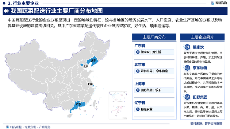 中国蔬菜配送行业的企业分布呈现出一定的地域性特征，这与各地区的经济发展水平、人口密度、农业生产基地的分布以及物流基础设施的建设密切相关。其中广东省蔬菜配送代表性企业包括望家欢、好生活、顺丰速运等。