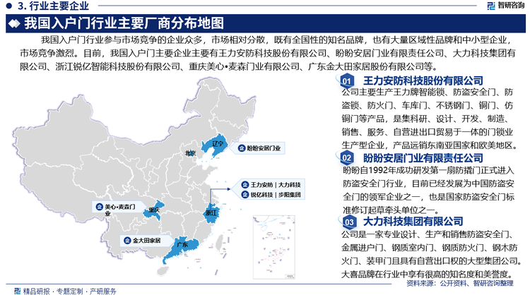 我国入户门行业参与市场竞争的企业众多，市场相对分散，既有全国性的知名品牌，也有大量区域性品牌和中小型企业，市场竞争激烈。目前，我国入户门主要企业主要有王力安防科技股份有限公司、盼盼安居门业有限责任公司、大力科技集团有限公司、浙江锐亿智能科技股份有限公司、重庆美心•麦森门业有限公司、广东金大田家居股份有限公司等。