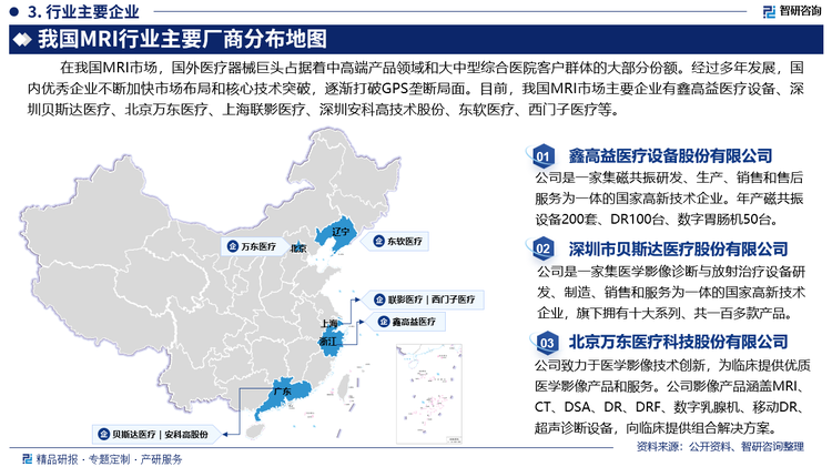 在我国MRI市场，国外医疗器械巨头占据着中高端产品领域和大中型综合医院客户群体的大部分份额。经过多年发展，国内优秀企业不断加快市场布局和核心技术突破，逐渐打破GPS垄断局面。目前，我国MRI行业主要企业有鑫高益医疗设备股份有限公司、深圳市贝斯达医疗股份有限公司、北京万东医疗科技股份有限公司、上海联影医疗科技股份有限公司、深圳安科高技术股份有限公司、东软医疗系统股份有限公司、西门子医疗系统有限公司等。