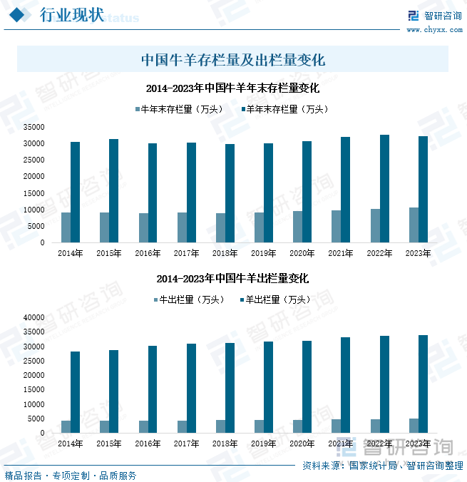 中国牛羊存栏量及出栏量变化