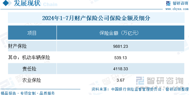 2024年1-7月财产保险公司保险金额及细分