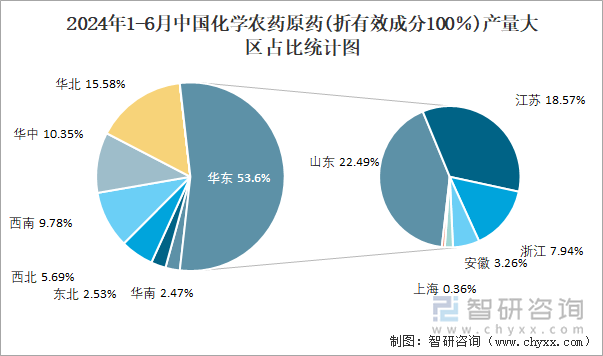 2024年1-6月中国化学农药原药(折有效成分100％)产量大区占比统计图