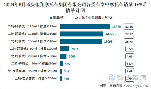 2024年6月重庆银翔摩托车集团有限公司各类车型中摩托车销量TOP8详情统计图