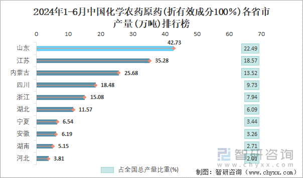 2024年1-6月中国化学农药原药(折有效成分100％)各省市产量排行榜