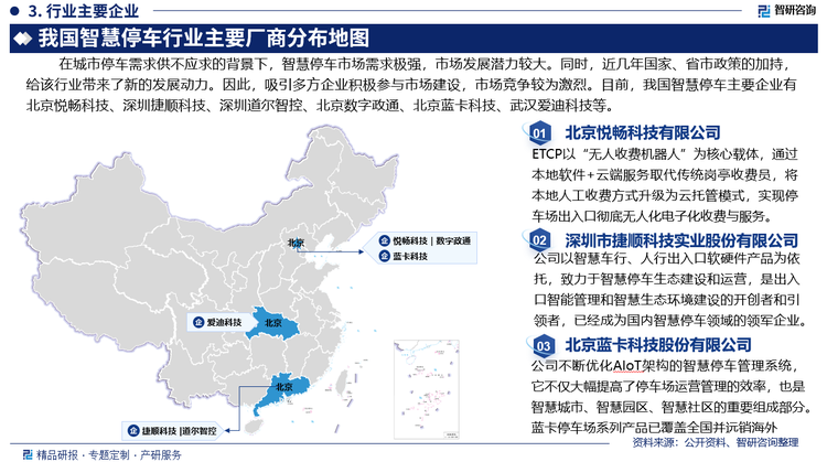 在城市停车需求供不应求的背景下，智慧停车市场需求极强，市场发展潜力较大。同时，近几年国家、省市政策的加持，给该行业带来了新的发展动力。因此，吸引多方企业积极参与市场建设，市场竞争较为激烈。目前，我国智慧停车主要企业有北京悦畅科技有限公司、深圳市捷顺科技实业股份有限公司、深圳市道尔智控科技股份有限公司、北京数字政通科技股份有限公司、北京蓝卡科技股份有限公司、武汉爱迪科技股份有限公司等。