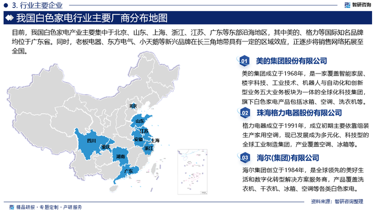 目前，我国白色家电产业主要集中于北京、山东、上海、浙江、江苏、广东等东部沿海地区，其中美的、格力等国际知名品牌均位于广东省。同时，老板电器、东方电气、小天鹅等新兴品牌在长三角地带具有一定的区域效应，正逐步将销售网络拓展至全国。从中国白色家电上市公司业务布局状况来看，企业布局产品多以空调、冰箱、洗衣机为主，部分企业同步布局洗碗机、热水器、干衣机等高端白电产品。国内企业重点销售区域多集中在国内，其中美的集团、海尔智家、海信家电、TCL智家等企业进行了全球化业务布局，且国外营收占比较高。