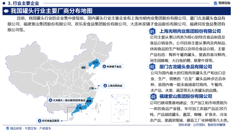 目前，我国罐头行业的企业集中度较低，国内罐头行业主要企业有上海光明肉业集团股份有限公司、厦门古龙罐头食品有限公司、福建紫山集团股份有限公司、欢乐家食品集团股份有限公司、大连林家铺子食品股份有限公司、福建同发食品集团有限公司等。