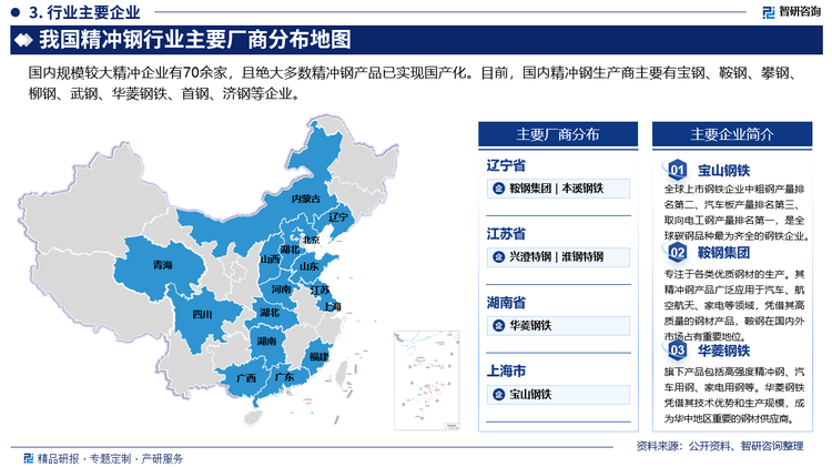 国内规模较大精冲企业有70余家，且绝大多数精冲钢产品已实现国产化。目前，国内精冲钢生产商主要有宝钢、鞍钢、攀钢、柳钢、武钢、华菱钢铁、首钢、济钢等企业。其中，宝山钢铁2023年为国内钢铁行业营收第一，全国500强第37名企业，是全球上市钢铁企业中粗钢产量排名第二、汽车板产量排名第三、取向电工钢产量排名第一，全球碳钢品种最为齐全的钢铁企业。