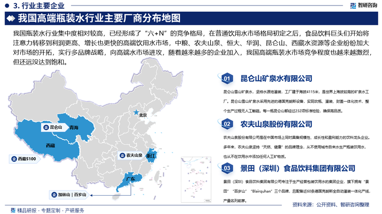 我国瓶装水行业集中度相对较高，已经形成了“六+N”的竞争格局，在普通饮用水市场格局初定之后，食品饮料巨头们开始将注意力转移到利润更高、增长也更快的高端饮用水市场，农夫山泉、华润、昆仑山、西藏水资源等企业纷纷加大对市场的开拓，实行多品牌战略，向高端水市场进攻，随着越来越多的企业加入，我国高端瓶装水市场竞争程度也越来越激烈，但还远没达到饱和。