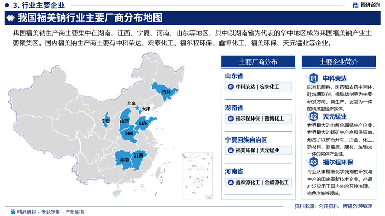 我国福美钠生产商主要集中在湖南、江西、宁夏、河南、山东等地区，其中以湖南省为代表的华中地区成为我国福美钠产业主要聚集区。国内福美钠生产商主要有中科荣达、宏泰化工、福尔程环保、鑫博化工、福美环保、天元锰业等企业。其中，福尔程环保是专业从事精细化学药剂的研发与生产的国家高新技术企业，产品广泛应用于国内外的环境治理、有色冶炼等领域。