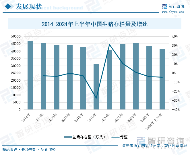 2014-2024年上半年中国生猪存栏量及增速