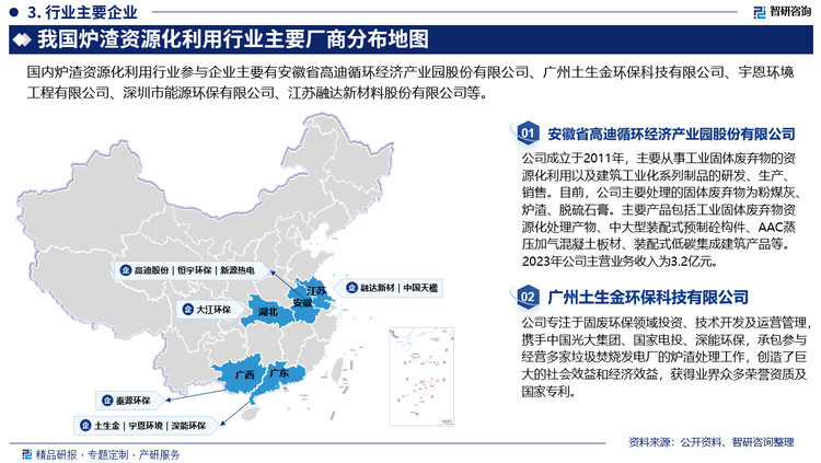 爐渣資源化利用行業(yè)的服務(wù)領(lǐng)域較廣，各項(xiàng)目之間的規(guī)模及利用難度存在較大差異。通常，小型項(xiàng)目對(duì)參與服務(wù)的企業(yè)在資金實(shí)力、技術(shù)實(shí)力和管理能力等方面要求不高，進(jìn)入門檻相對(duì)較低，因此面臨較激烈的競(jìng)爭(zhēng)；而在大型項(xiàng)目上，由于業(yè)主不僅要求承做單位擁有較高等級(jí)的資質(zhì)，還要求提供包括方案設(shè)計(jì)、材料及設(shè)備選型優(yōu)化等專業(yè)化增值服務(wù)，同時(shí)還應(yīng)具備嚴(yán)格的工藝流程管理能力和較強(qiáng)的資金實(shí)力，因此參與競(jìng)爭(zhēng)的企業(yè)較少?？傮w而言，爐渣資源化利用行業(yè)相對(duì)于大氣污染治理、水污染治理等行業(yè)而言仍顯滯后，雖然市場(chǎng)需求增長(zhǎng)較快，但行業(yè)內(nèi)企業(yè)的規(guī)模和實(shí)力普遍較小，技術(shù)和服務(wù)能力較弱；具備技術(shù)咨詢、方案設(shè)計(jì)、項(xiàng)目實(shí)施等系統(tǒng)服務(wù)能力的專業(yè)化企業(yè)還相對(duì)不足。