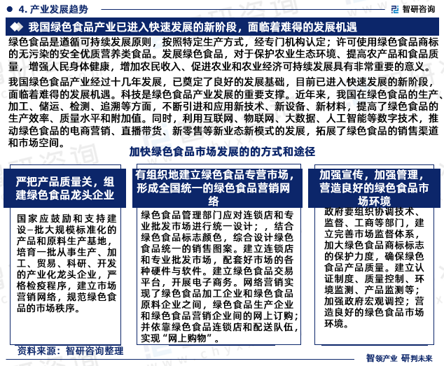 我国绿色食品产业经过十几年发展，已奠定了良好的发展基础，目前已进入快速发展的新阶段，面临着难得的发展机遇。科技是绿色食品产业发展的重要支撑。近年来，我国在绿色食品的生产、加工、储运、检测、追溯等方面，不断引进和应用新技术、新设备、新材料，提高了绿色食品的生产效率、质量水平和附加值。同时，利用互联网、物联网、大数据、人工智能等数字技术，推动绿色食品的电商营销、直播带货、新零售等新业态新模式的发展，拓展了绿色食品的销售渠道和市场空间。